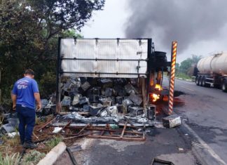 Caminhão carregado com micro-ondas tomba após pneu estourar e pega fogo na BR-153