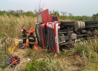 Caminhão tomba na TO-010 após motorista evitar batida de frente, entre Palmas e Lajeado