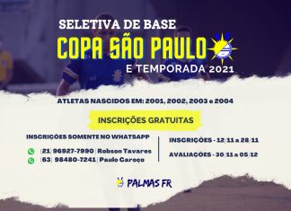 Palmas está com inscrições abertas para seletiva de base visando Copa São Paulo
