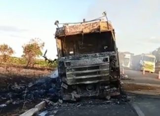Carreta cheia de papelão pega fogo na BR-153 e fica completamente destruída