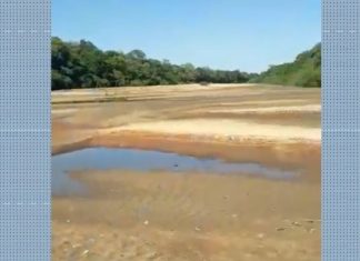 Moradores caminham pelo leito de rio seco no sul do Tocantins e dizem que água continua sendo bombeada