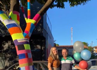 Após esperar florada por 16 anos, mulher resolve colorir pé de ipê com mosaico de crochê para surpreender marido