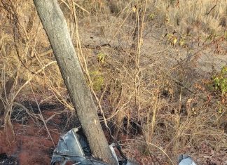 Carro pega fogo após sair da pista, cair em barranco e atingir árvore; uma pessoa morreu