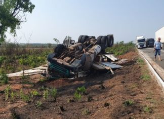 Caminhão tomba às margens da BR-153 após motorista fazer manobra e evitar batida frontal