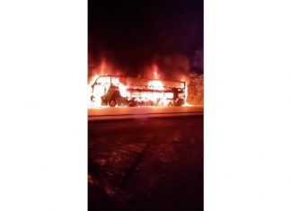 Ônibus de transporte interestadual fica totalmente destruído após pegar fogo na TO-080; VÍDEO