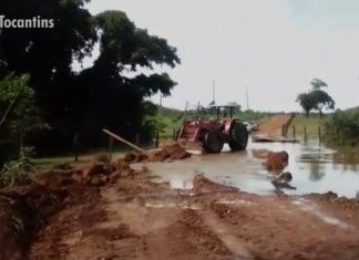 Defesa Civil e moradores usam pedras para reforçar aterro de ponte após enchente em Talismã