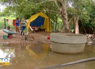 Família monta barraca em mato após ter casa invadida pela enchente: ‘é a última opção’