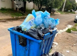 Com lixeiras lotadas e quebradas, resíduos ficam expostos em avenida comercial de Palmas