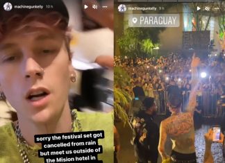 Machine Gun Kelly faz show para fãs em hotel após festival no Paraguai ser cancelado por causa da chuva