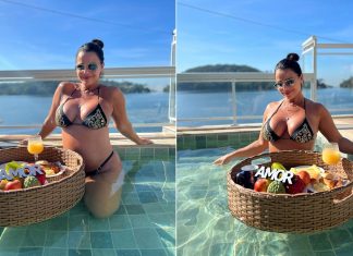 Viviane Araújo exibe barriga de sete meses de gestação em café da manhã na piscina