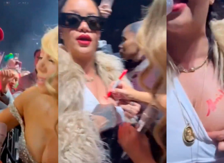 Mariah Carey autografa seio de Rihanna durante show de Natal