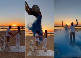 Casal inova e usa retroescavadeira para revelar sexo de bebê em praia de Palmas; VÍDEO