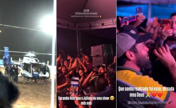 Henrique e Juliano surpreendem fãs ao chegarem de helicóptero em cavalgada