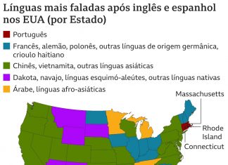 O mapa que mostra os 3 estados dos EUA onde o português é a língua mais falada após inglês e espanhol