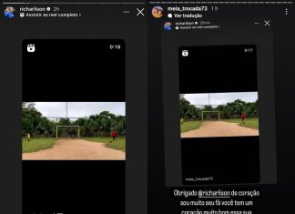 Richarlison compartilha nas redes sociais vídeo em que ‘Meia Trocada’ refaz jogada do golaço na Copa