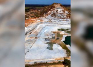 Pedreira no sul do TO impressiona por lago e áreas de extração de calcário vistas do alto; VÍDEO